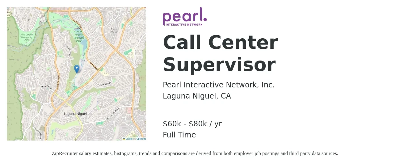 Pearl Interactive Network, Inc. job posting for a Call Center Supervisor in Laguna Niguel, CA with a salary of $60,000 to $80,000 Yearly with a map of Laguna Niguel location.