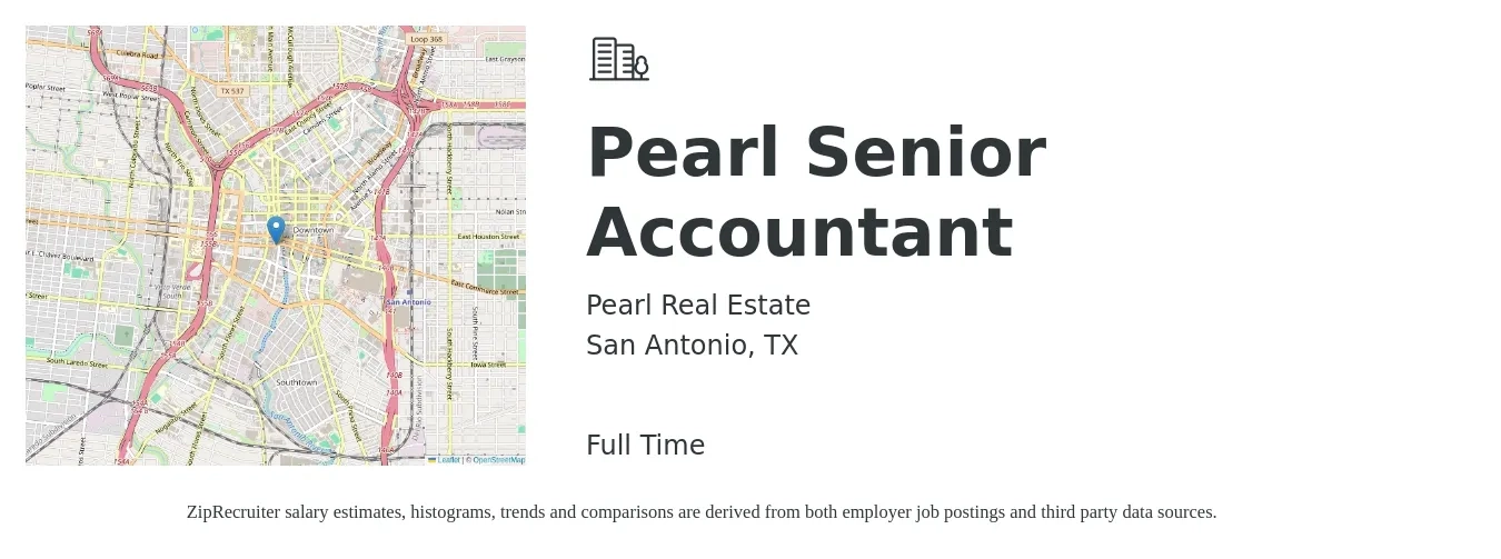 Pearl Real Estate job posting for a Pearl Senior Accountant in San Antonio, TX with a salary of $67,200 to $84,400 Yearly with a map of San Antonio location.