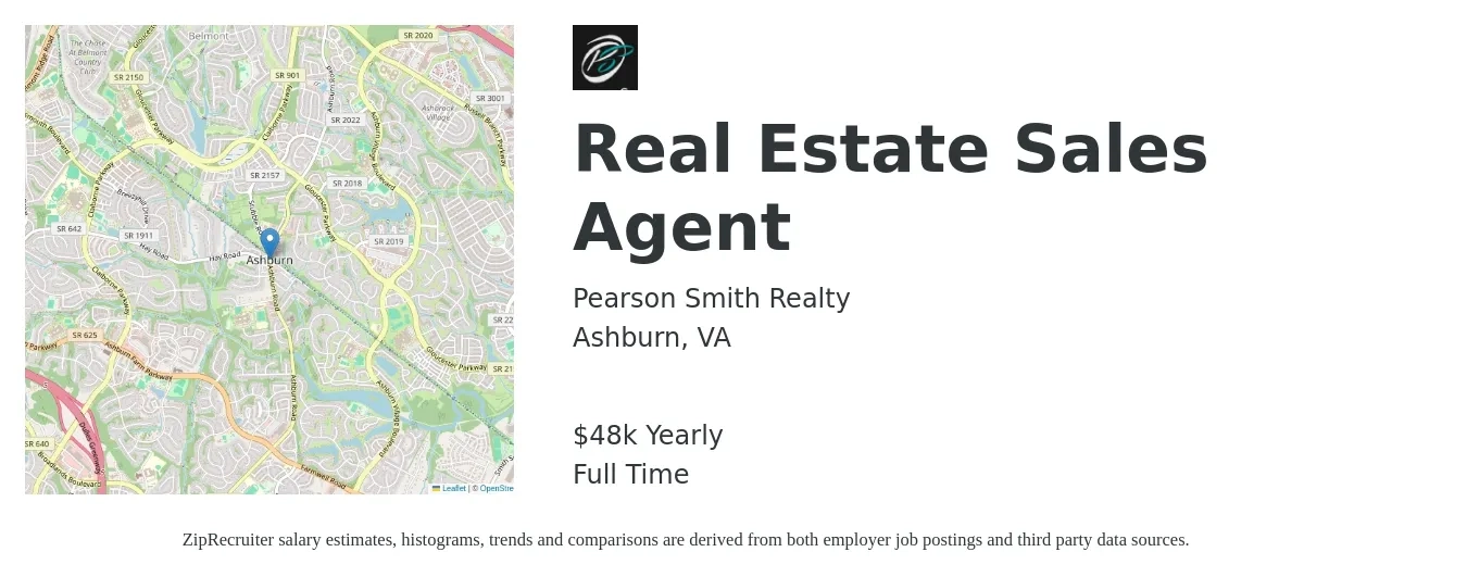 Pearson Smith Realty job posting for a Real Estate Sales Agent in Ashburn, VA with a salary of $48,227 Yearly with a map of Ashburn location.