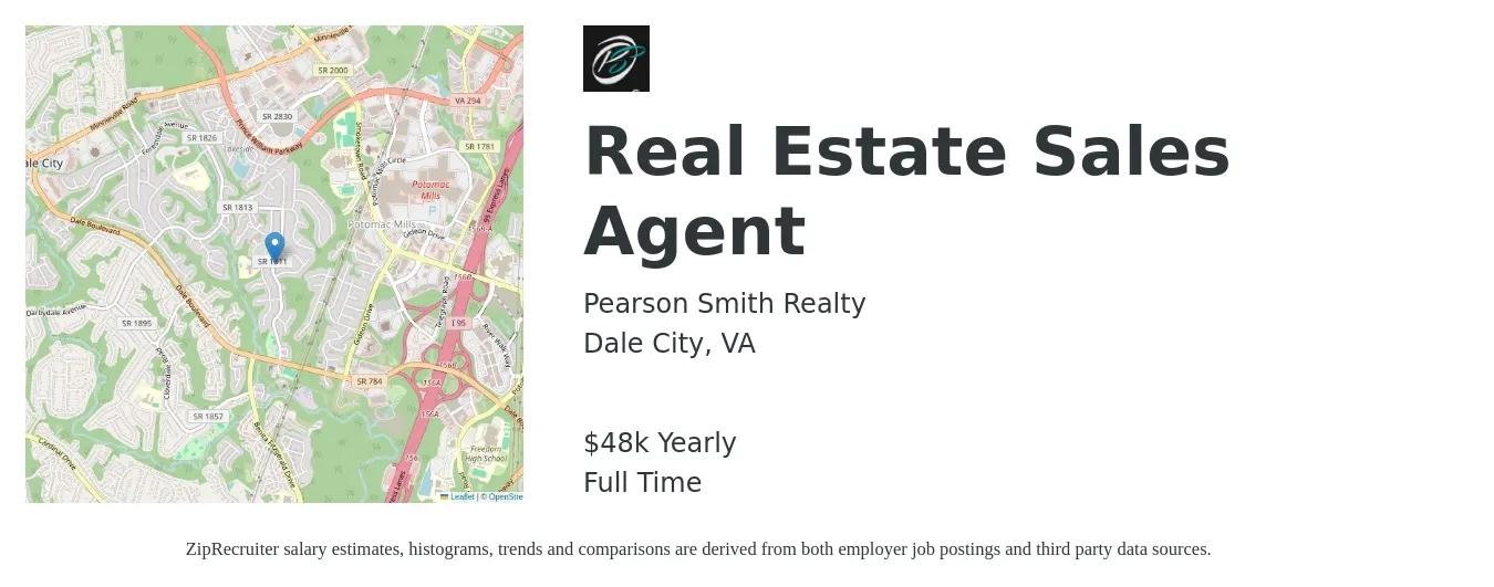 Pearson Smith Realty job posting for a Real Estate Sales Agent in Dale City, VA with a salary of $48,227 Yearly with a map of Dale City location.