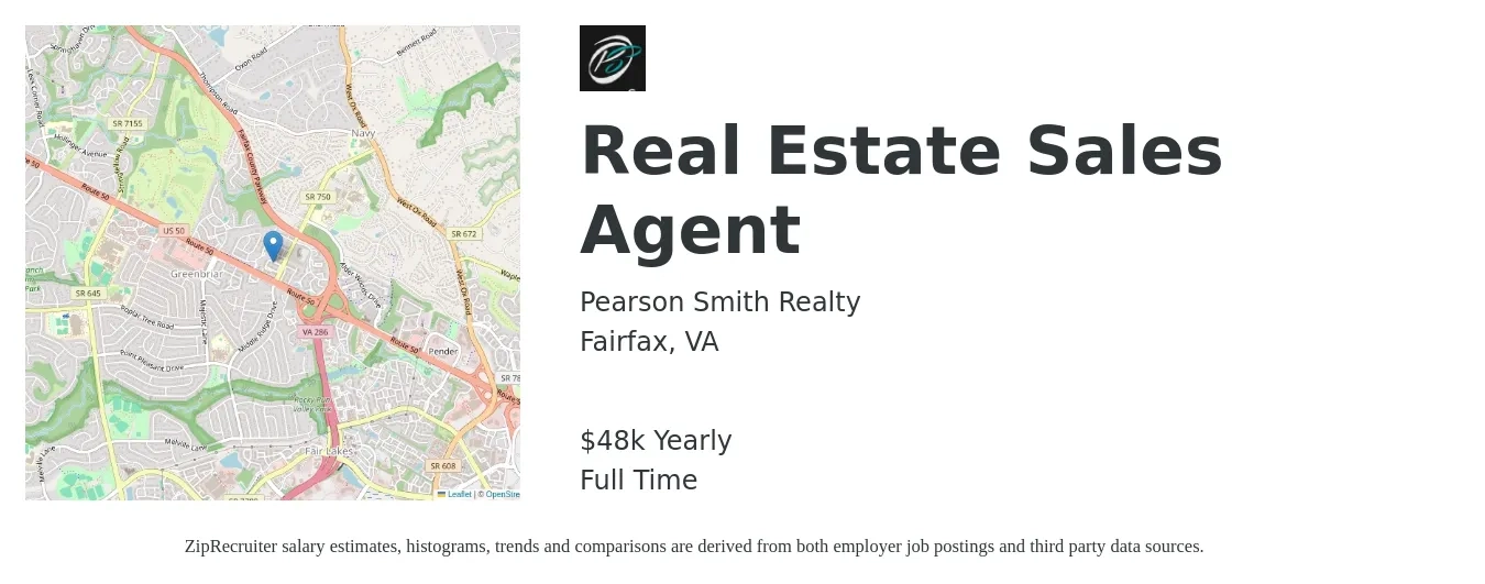 Pearson Smith Realty job posting for a Real Estate Sales Agent in Fairfax, VA with a salary of $48,227 Yearly with a map of Fairfax location.