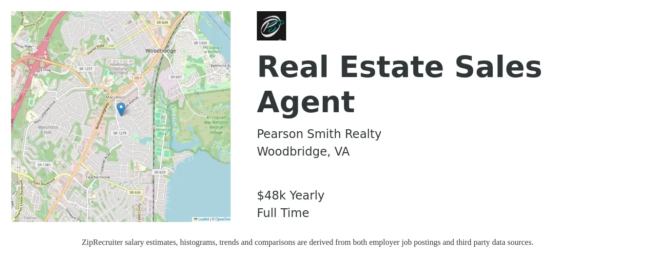 Pearson Smith Realty job posting for a Real Estate Sales Agent in Woodbridge, VA with a salary of $48,227 Yearly with a map of Woodbridge location.