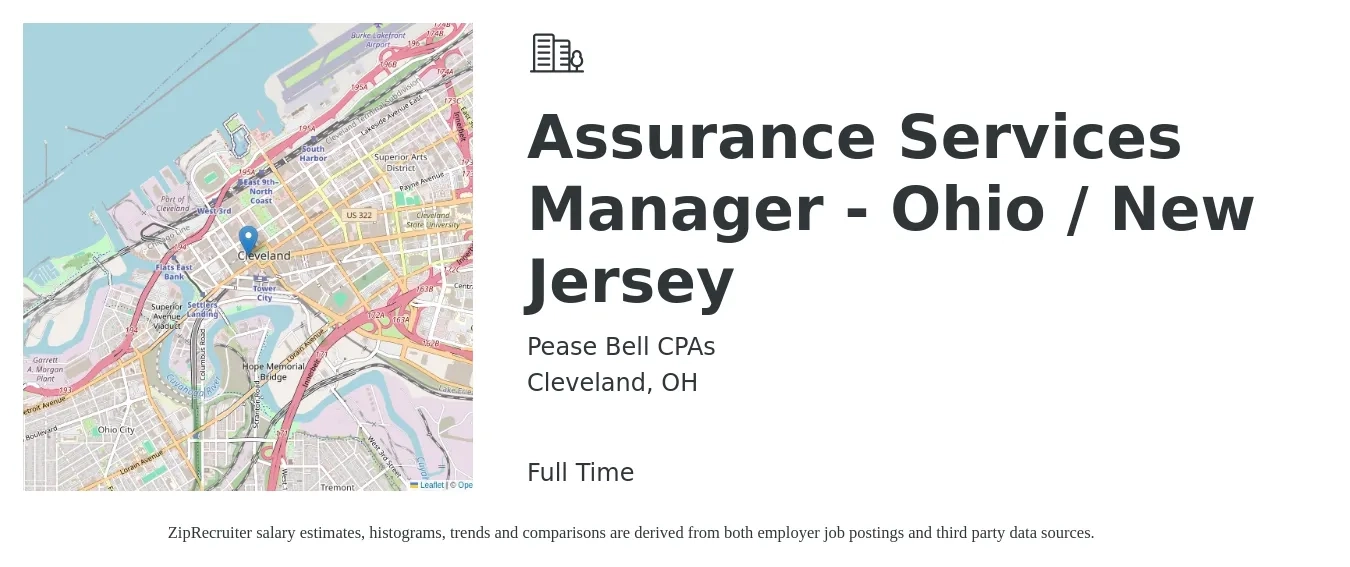 Pease Bell CPAs job posting for a Assurance Services Manager - Ohio / New Jersey in Cleveland, OH with a salary of $108,000 to $130,300 Yearly with a map of Cleveland location.