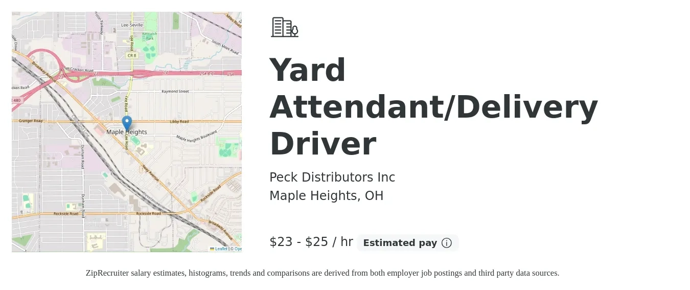 Peck Distributors Inc job posting for a Yard Attendant/Delivery Driver in Maple Heights, OH with a salary of $24 to $27 Hourly with a map of Maple Heights location.