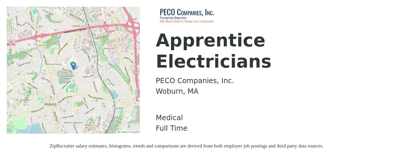 PECO Companies, Inc. job posting for a Apprentice Electricians in Woburn, MA with a salary of $21 to $29 Hourly and benefits including medical, pto, and retirement with a map of Woburn location.