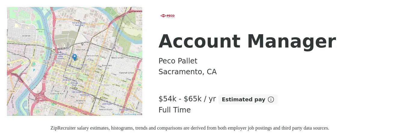 Peco Pallet job posting for a Account Manager in Sacramento, CA with a salary of $54,041 to $65,000 Yearly with a map of Sacramento location.
