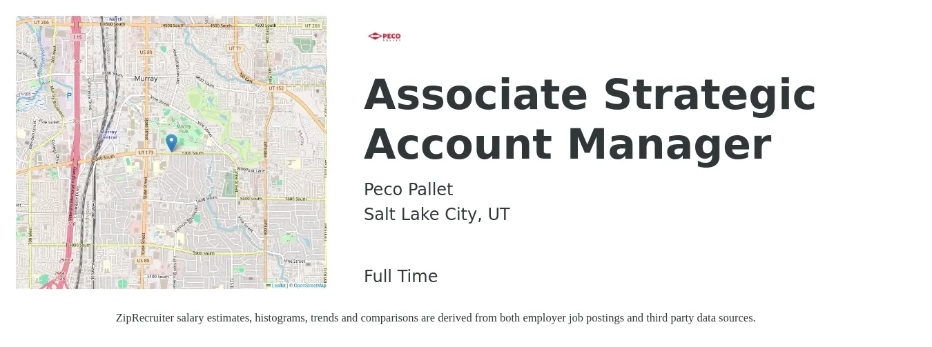 Peco Pallet job posting for a Associate Strategic Account Manager in Salt Lake City, UT with a salary of $64,700 to $103,800 Yearly with a map of Salt Lake City location.