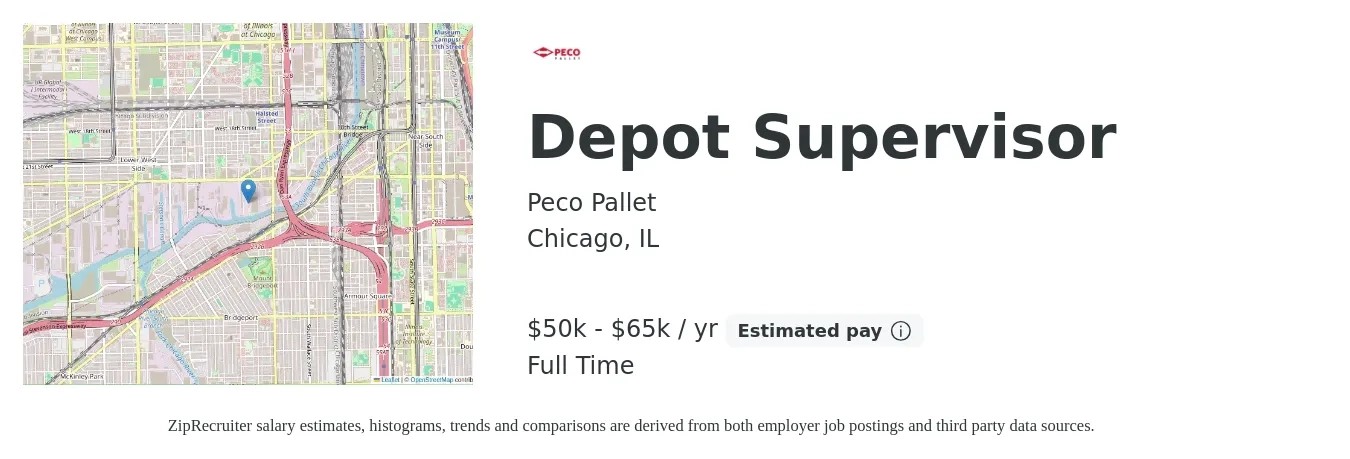Peco Pallet job posting for a Depot Supervisor in Chicago, IL with a salary of $50,000 to $65,000 Yearly with a map of Chicago location.