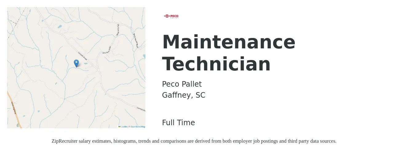 Peco Pallet job posting for a Maintenance Technician in Gaffney, SC with a salary of $18 to $24 Hourly with a map of Gaffney location.