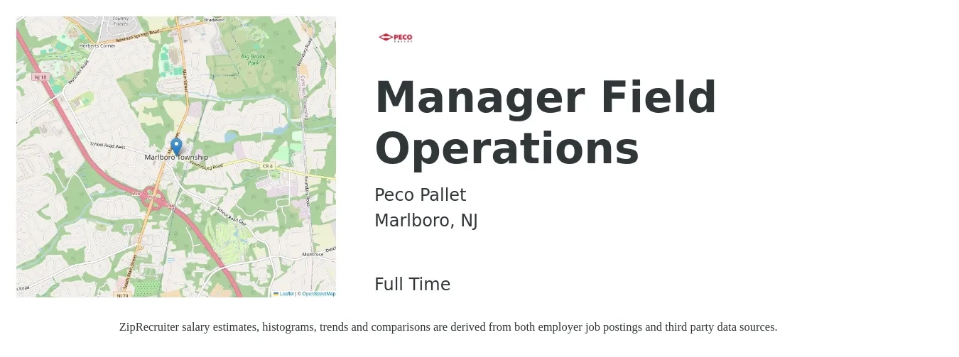 Peco Pallet job posting for a Manager Field Operations in Marlboro, NJ with a salary of $50,000 to $68,000 Yearly with a map of Marlboro location.