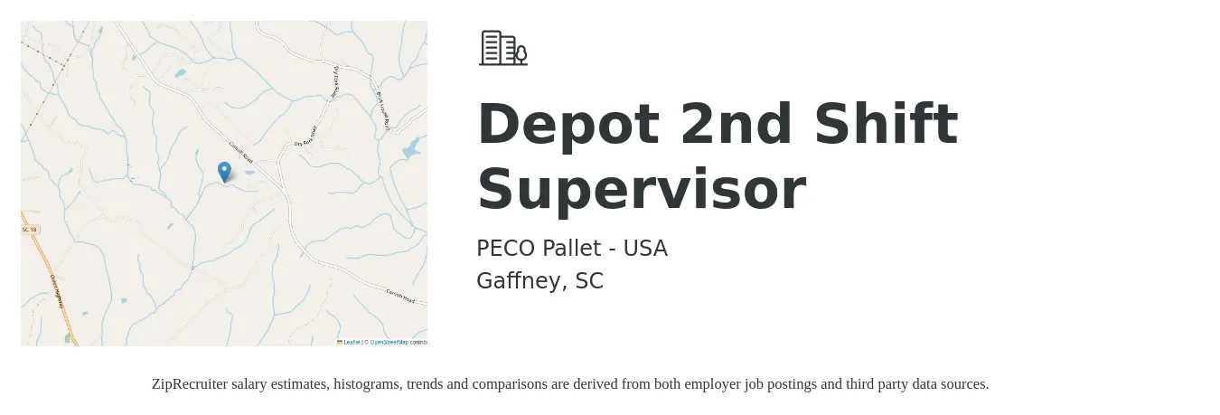 PECO Pallet - USA job posting for a Depot 2nd Shift Supervisor in Gaffney, SC with a salary of $22 to $29 Hourly with a map of Gaffney location.