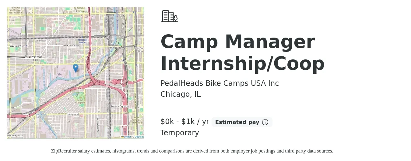 PedalHeads Bike Camps USA Inc job posting for a Camp Manager Internship/Coop in Chicago, IL with a salary of $800 to $1,000 Yearly with a map of Chicago location.
