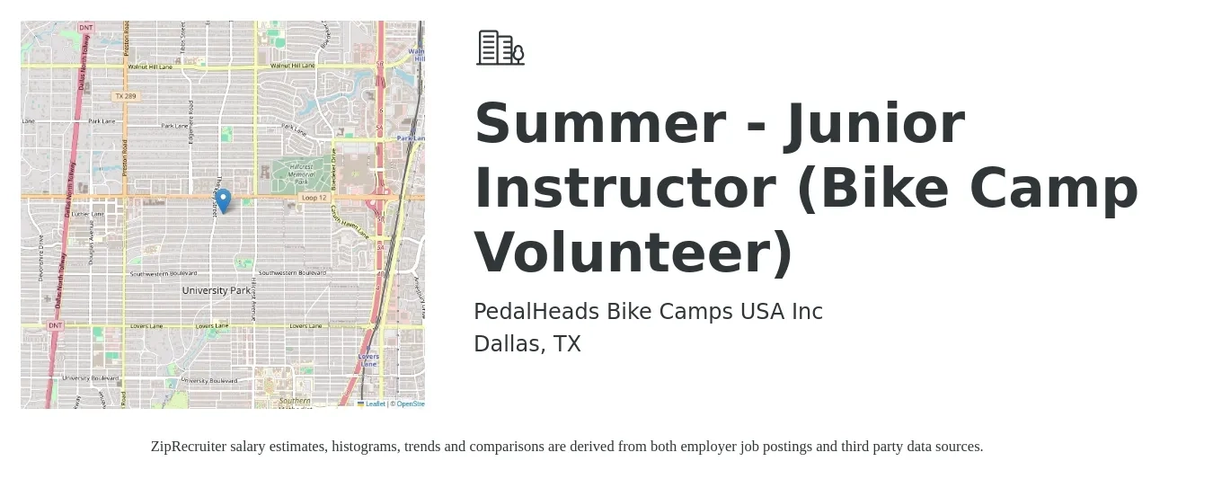 PedalHeads Bike Camps USA Inc job posting for a Summer - Junior Instructor (Bike Camp Volunteer) in Dallas, TX with a map of Dallas location.