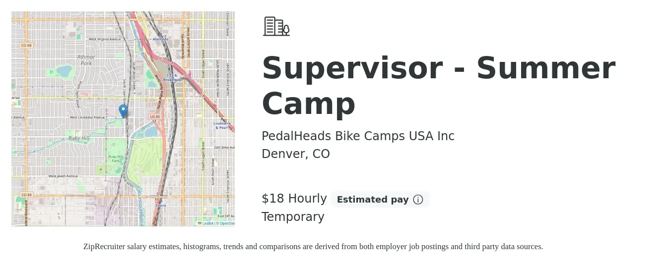 PedalHeads Bike Camps USA Inc job posting for a Supervisor - Summer Camp in Denver, CO with a salary of $19 Hourly with a map of Denver location.