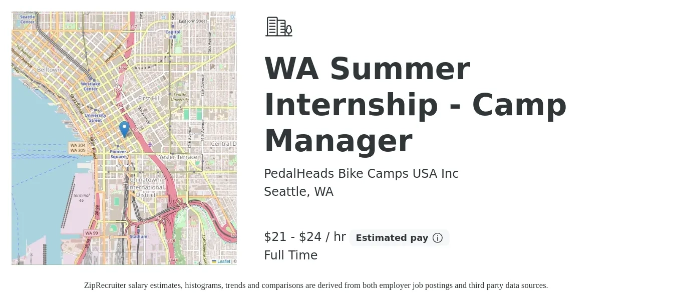 PedalHeads Bike Camps USA Inc job posting for a WA Summer Internship - Camp Manager in Seattle, WA with a salary of $22 to $25 Hourly with a map of Seattle location.