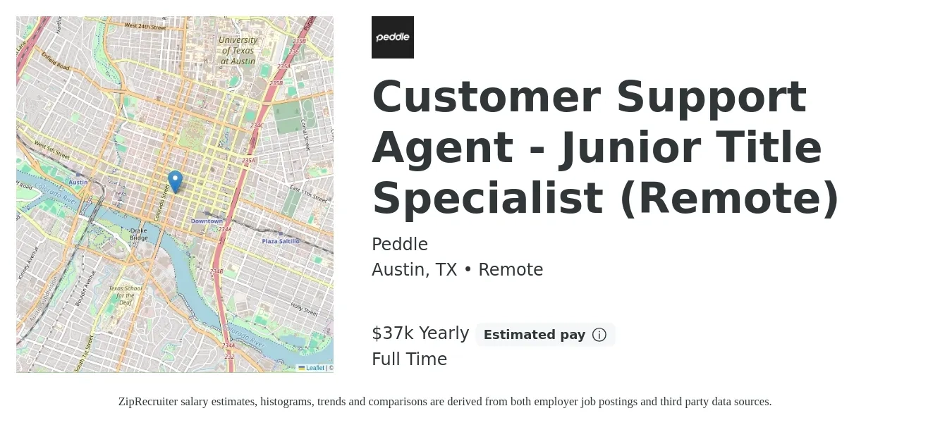 Peddle job posting for a Customer Support Agent - Junior Title Specialist (Remote) in Austin, TX with a salary of $37,440 Yearly with a map of Austin location.