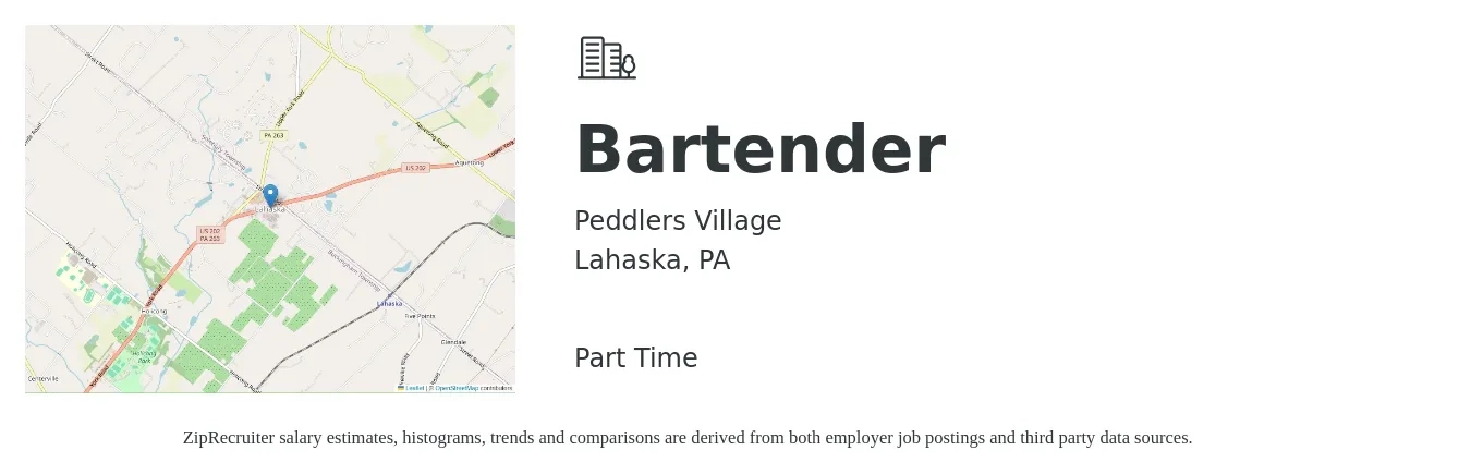 Peddlers Village job posting for a Bartender in Lahaska, PA with a salary of $10 to $18 Hourly with a map of Lahaska location.