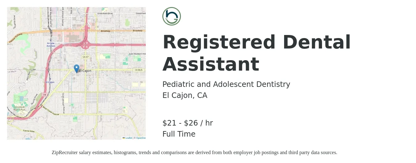 Pediatric and Adolescent Dentistry job posting for a Registered Dental Assistant in El Cajon, CA with a salary of $22 to $28 Hourly with a map of El Cajon location.