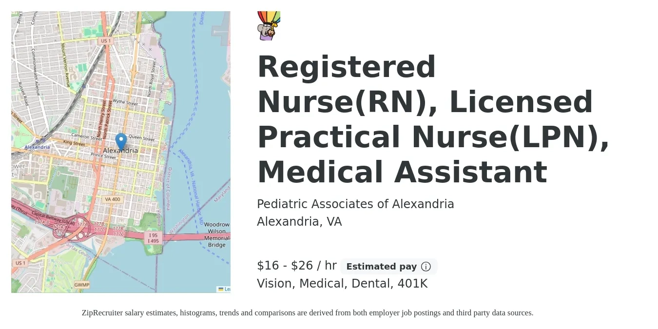 Pediatric Associates of Alexandria job posting for a Registered Nurse(RN), Licensed Practical Nurse(LPN), Medical Assistant in Alexandria, VA with a salary of $17 to $28 Hourly and benefits including 401k, dental, life_insurance, medical, and vision with a map of Alexandria location.