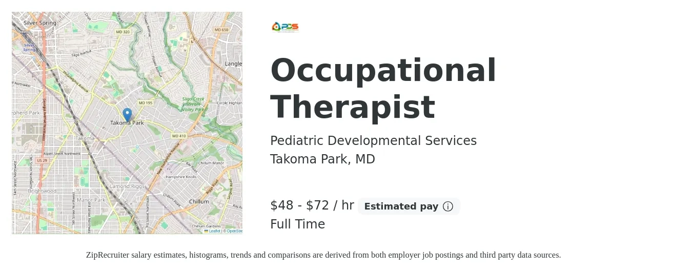 Pediatric Developmental Services job posting for a Occupational Therapist in Takoma Park, MD with a salary of $50 to $75 Hourly with a map of Takoma Park location.