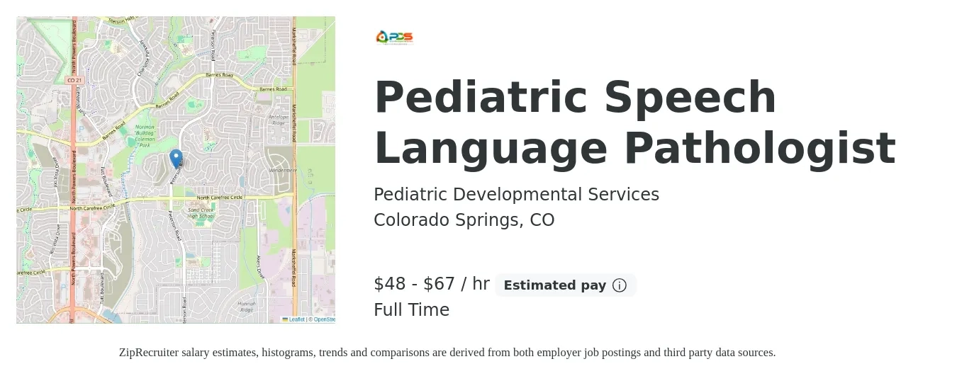 Pediatric Developmental Services job posting for a Pediatric Speech Language Pathologist in Colorado Springs, CO with a salary of $50 to $70 Hourly with a map of Colorado Springs location.