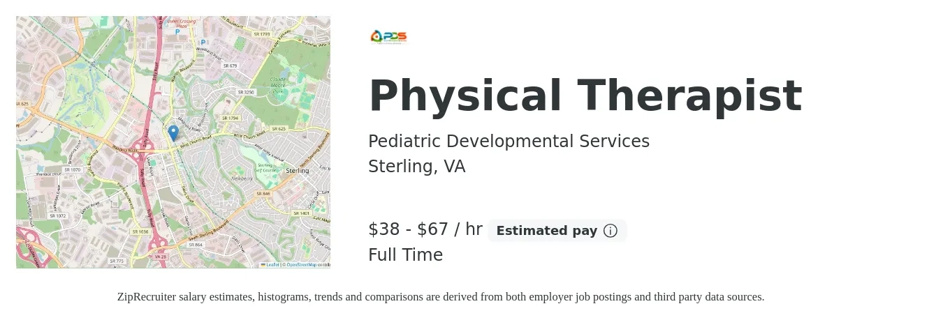 Pediatric Developmental Services job posting for a Physical Therapist in Sterling, VA with a salary of $40 to $70 Hourly with a map of Sterling location.