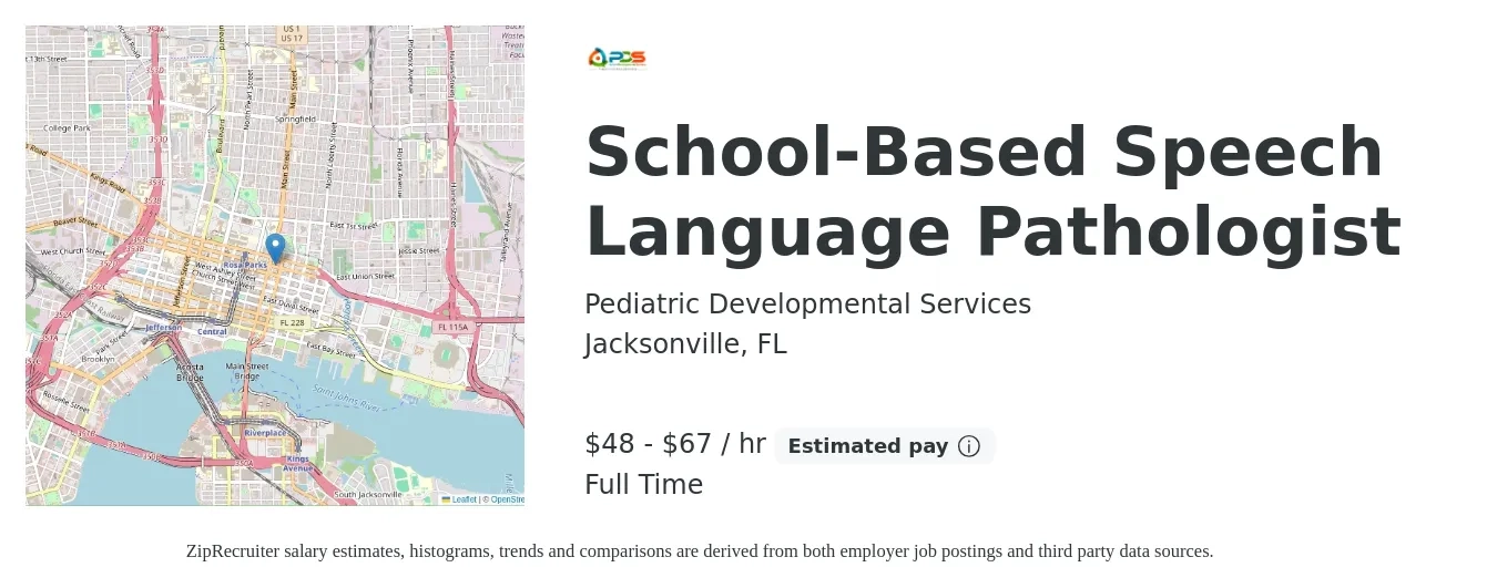 Pediatric Developmental Services job posting for a School-Based Speech Language Pathologist in Jacksonville, FL with a salary of $50 to $70 Hourly with a map of Jacksonville location.
