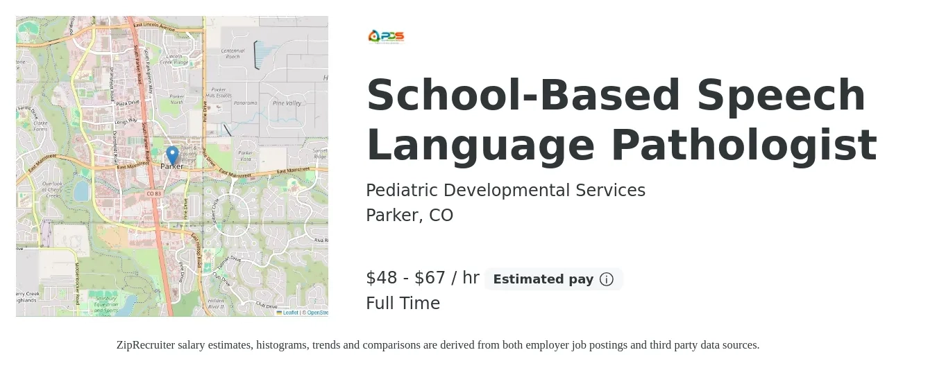 Pediatric Developmental Services job posting for a School-Based Speech Language Pathologist in Parker, CO with a salary of $50 to $70 Hourly with a map of Parker location.
