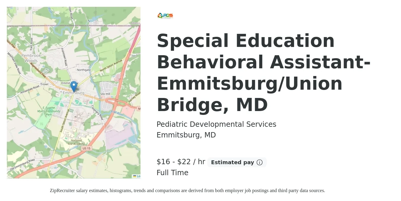 Pediatric Developmental Services job posting for a Special Education Behavioral Assistant- Emmitsburg/Union Bridge, MD in Emmitsburg, MD with a salary of $17 to $23 Hourly with a map of Emmitsburg location.