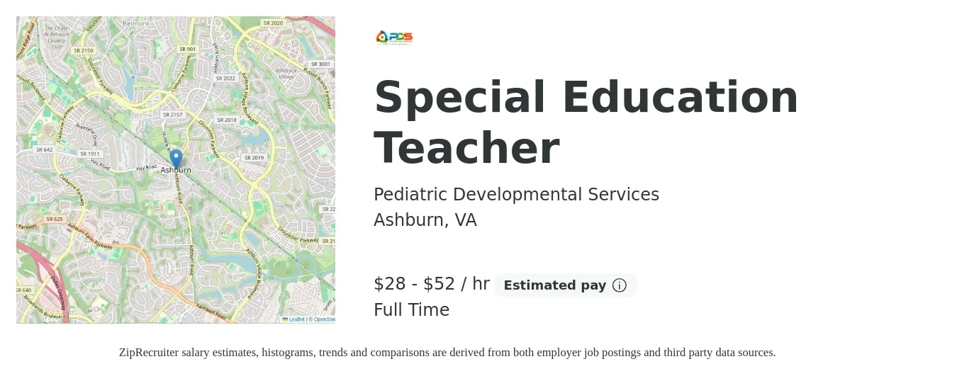Pediatric Developmental Services job posting for a Special Education Teacher in Ashburn, VA with a salary of $30 to $55 Hourly with a map of Ashburn location.