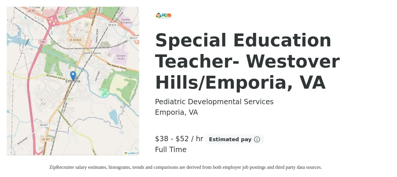 Pediatric Developmental Services job posting for a Special Education Teacher- Westover Hills/Emporia, VA in Emporia, VA with a salary of $40 to $55 Hourly with a map of Emporia location.
