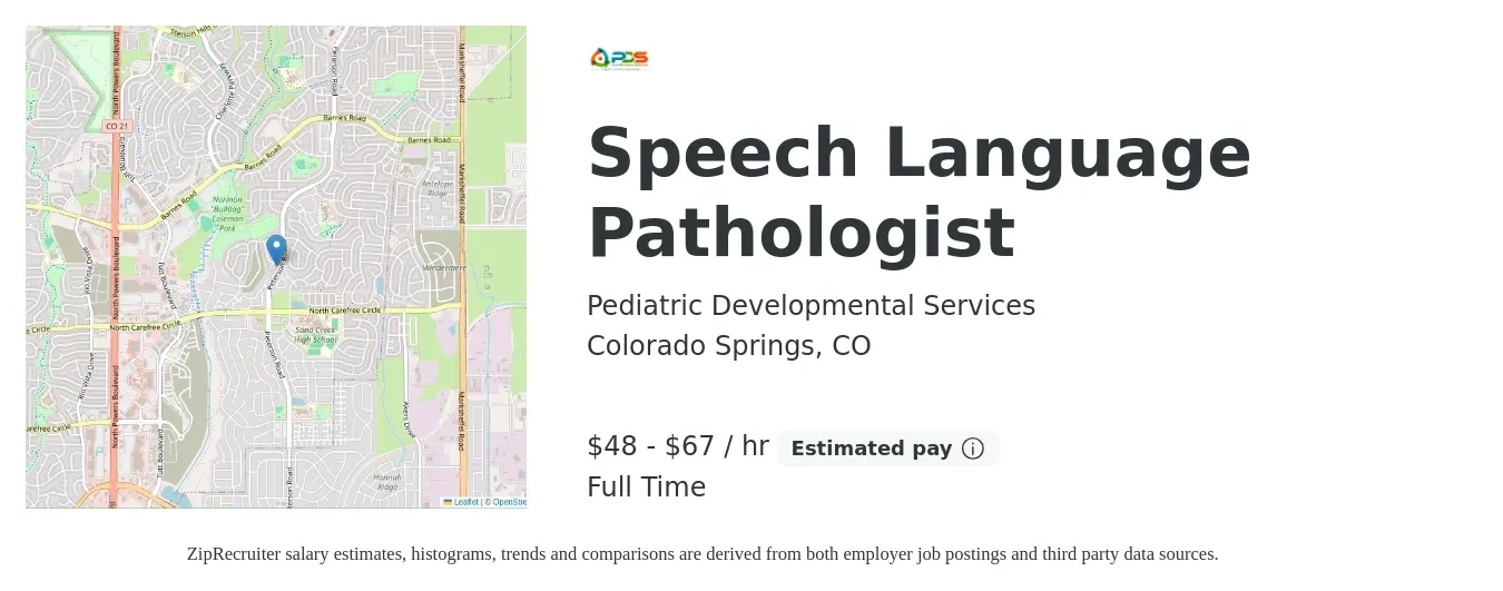 Pediatric Developmental Services job posting for a Speech Language Pathologist in Colorado Springs, CO with a salary of $50 to $70 Hourly with a map of Colorado Springs location.