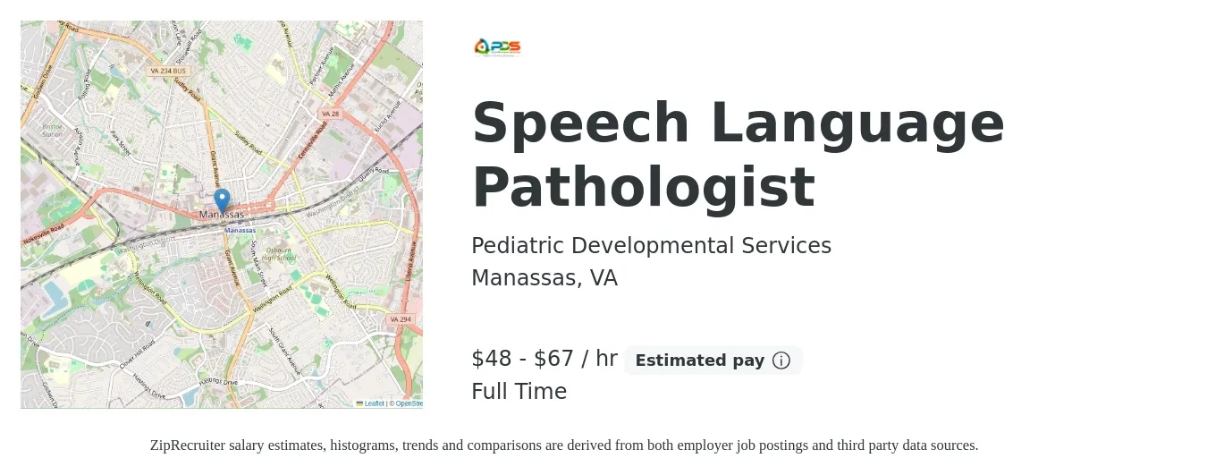 Pediatric Developmental Services job posting for a Speech Language Pathologist in Manassas, VA with a salary of $50 to $70 Hourly with a map of Manassas location.