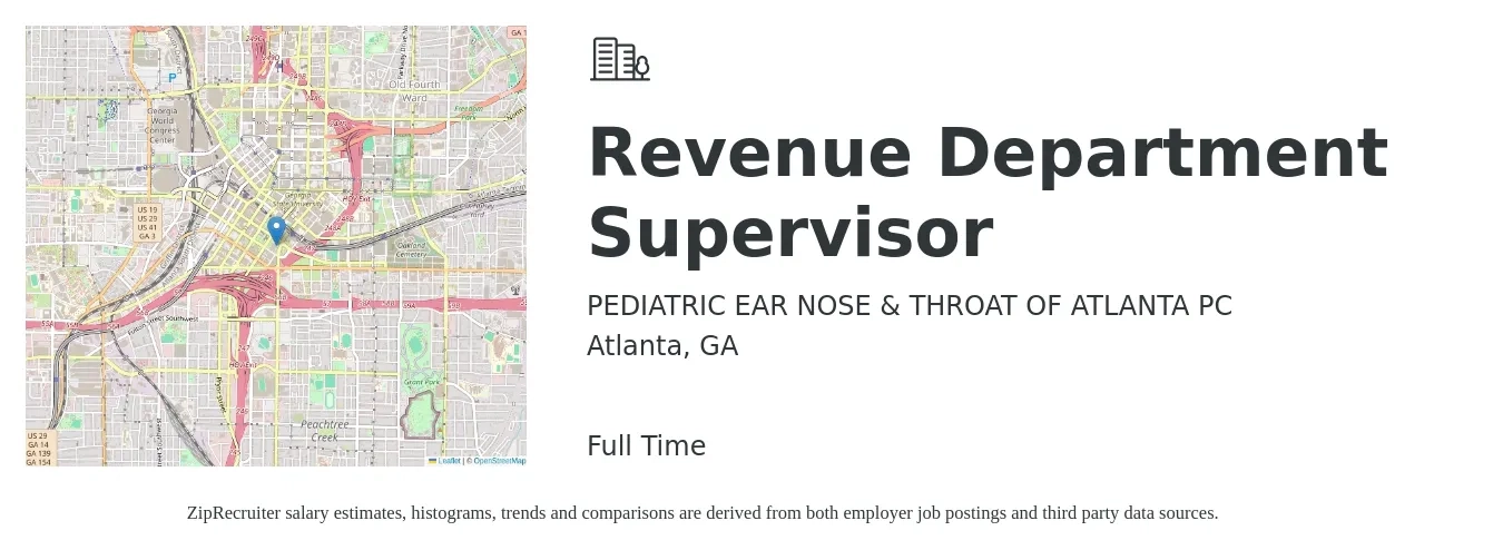 PEDIATRIC EAR NOSE & THROAT OF ATLANTA PC job posting for a Revenue Department Supervisor in Atlanta, GA with a salary of $63,500 to $93,300 Yearly with a map of Atlanta location.