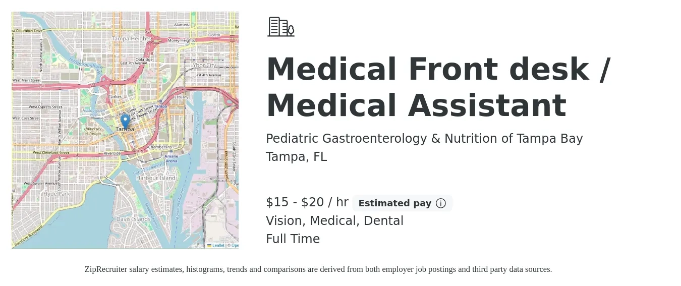 Pediatric Gastroenterology & Nutrition of Tampa Bay job posting for a Medical Front desk / Medical Assistant in Tampa, FL with a salary of $16 to $21 Hourly and benefits including dental, medical, retirement, and vision with a map of Tampa location.