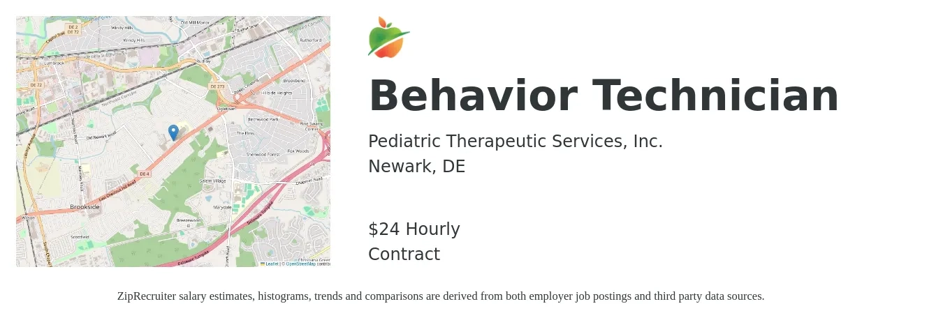 Pediatric Therapeutic Services, Inc. job posting for a Behavior Technician in Newark, DE with a salary of $18 to $23 Hourly with a map of Newark location.