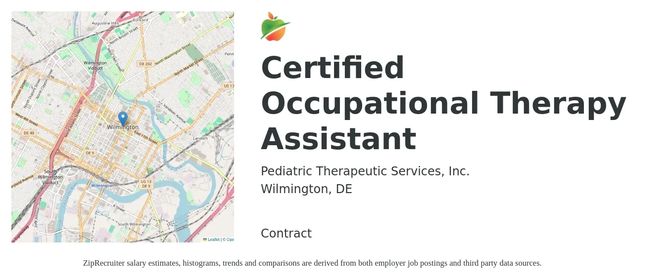 Pediatric Therapeutic Services, Inc. job posting for a Certified Occupational Therapy Assistant in Wilmington, DE with a salary of $28 to $37 Hourly with a map of Wilmington location.