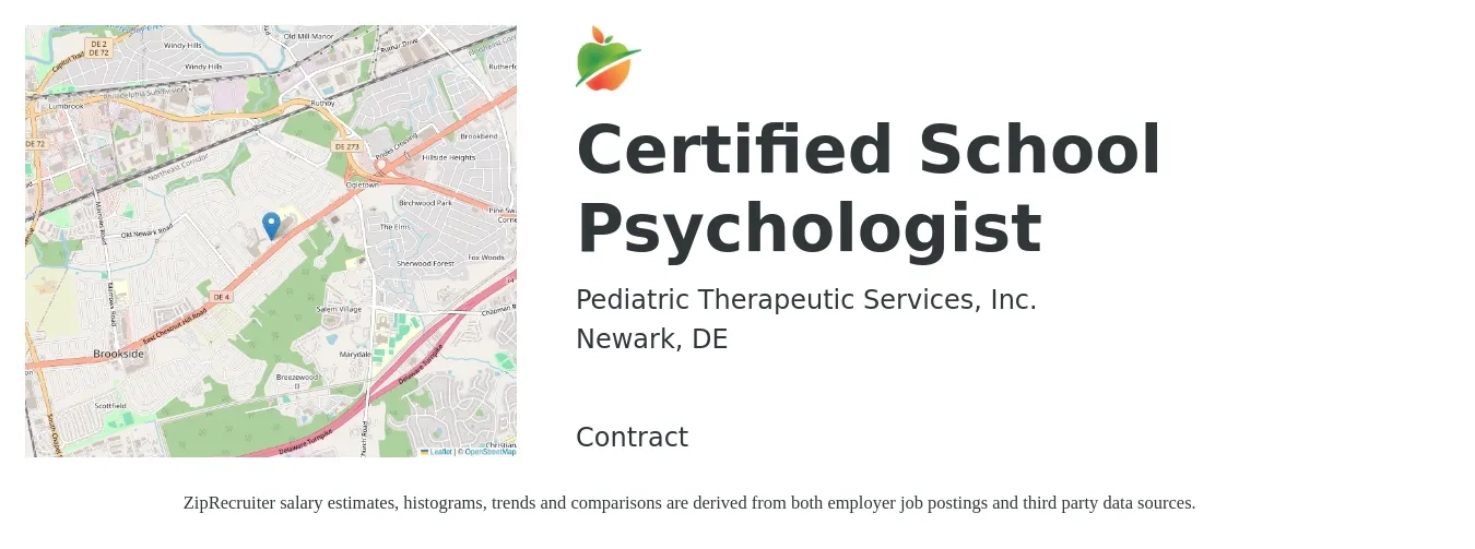 Pediatric Therapeutic Services, Inc. job posting for a Certified School Psychologist in Newark, DE with a salary of $65,500 to $115,300 Yearly with a map of Newark location.