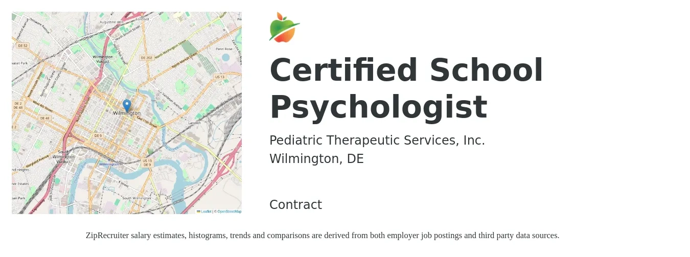 Pediatric Therapeutic Services, Inc. job posting for a Certified School Psychologist in Wilmington, DE with a salary of $64,500 to $113,500 Yearly with a map of Wilmington location.