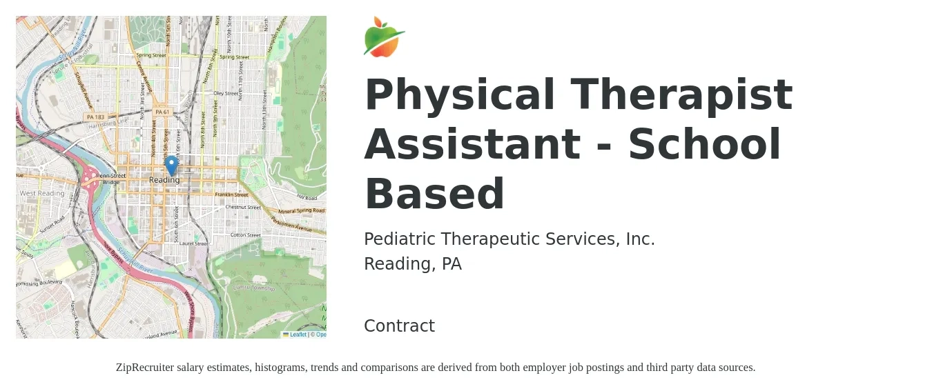 Pediatric Therapeutic Services, Inc. job posting for a Physical Therapist Assistant - School Based in Reading, PA with a salary of $27 to $36 Hourly with a map of Reading location.