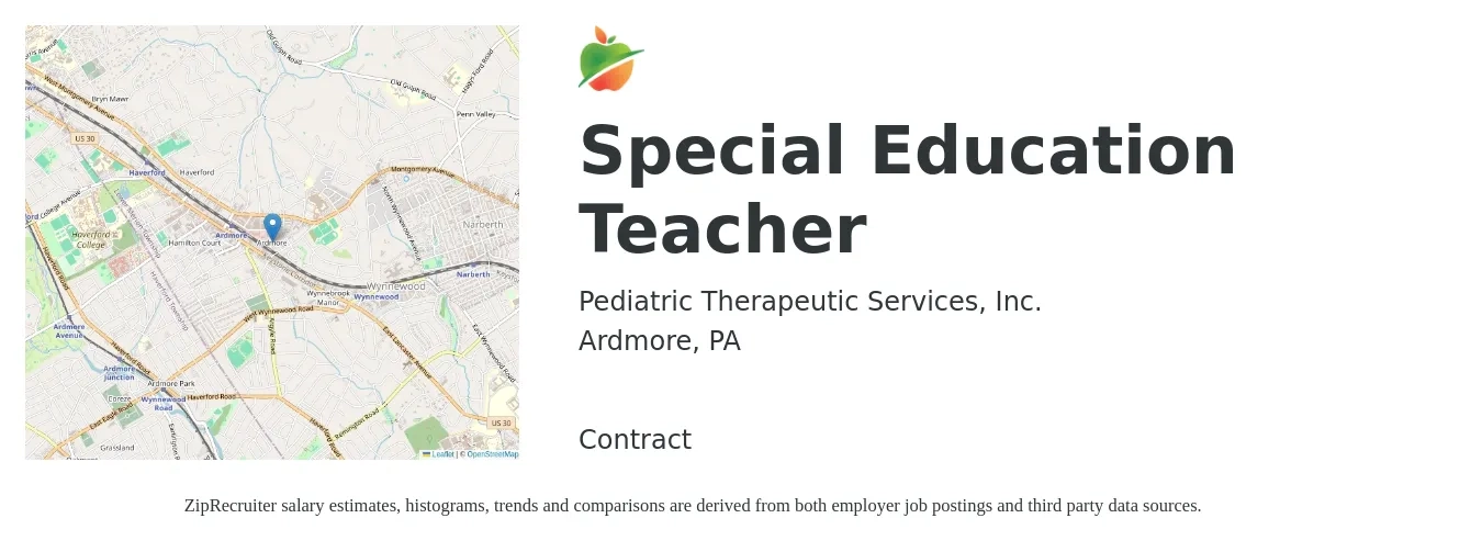 Pediatric Therapeutic Services, Inc. job posting for a Special Education Teacher in Ardmore, PA with a salary of $48,100 to $63,600 Yearly with a map of Ardmore location.