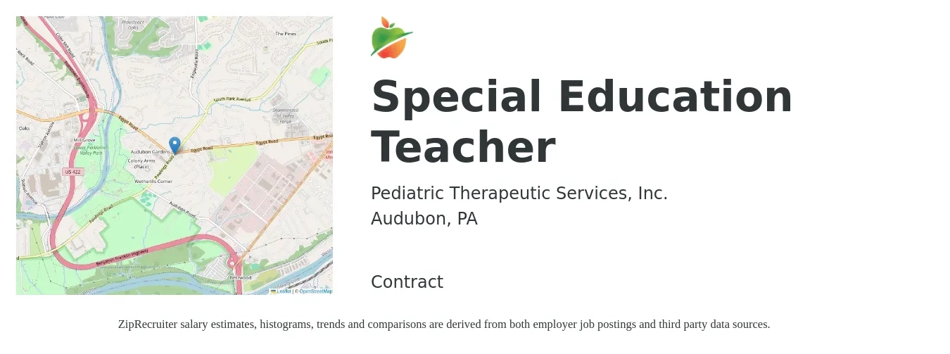 Pediatric Therapeutic Services, Inc. job posting for a Special Education Teacher in Audubon, PA with a salary of $49,200 to $65,000 Yearly with a map of Audubon location.
