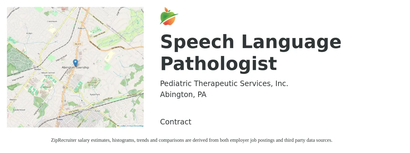 Pediatric Therapeutic Services, Inc. job posting for a Speech Language Pathologist in Abington, PA with a salary of $36 to $52 Hourly with a map of Abington location.