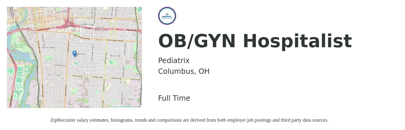 Pediatrix job posting for a OB/GYN Hospitalist in Columbus, OH with a salary of $121 to $159 Hourly with a map of Columbus location.