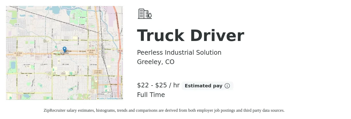 Peerless Industrial Solution job posting for a Truck Driver in Greeley, CO with a salary of $23 to $27 Hourly with a map of Greeley location.