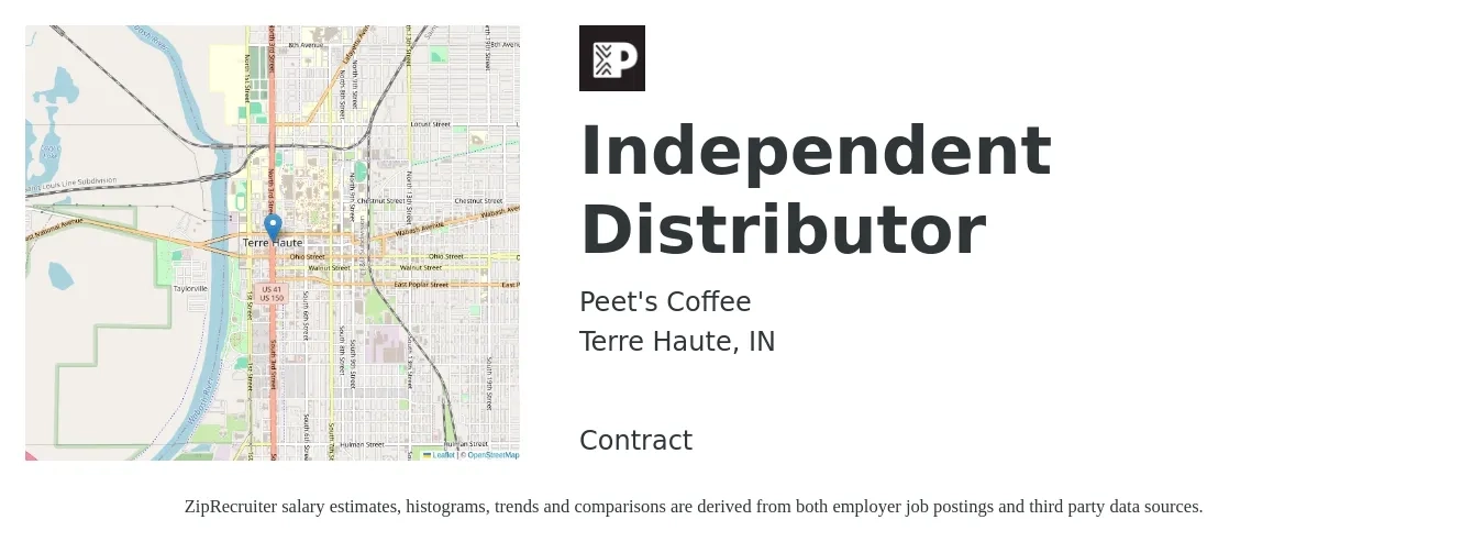 Peet's Coffee job posting for a Independent Distributor in Terre Haute, IN with a salary of $15 to $32 Hourly with a map of Terre Haute location.