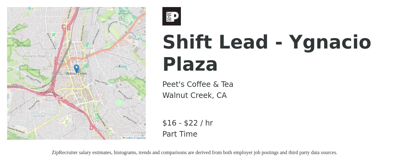 Peet's Coffee job posting for a Shift Lead - Ygnacio Plaza in Walnut Creek, CA with a salary of $17 to $23 Hourly with a map of Walnut Creek location.