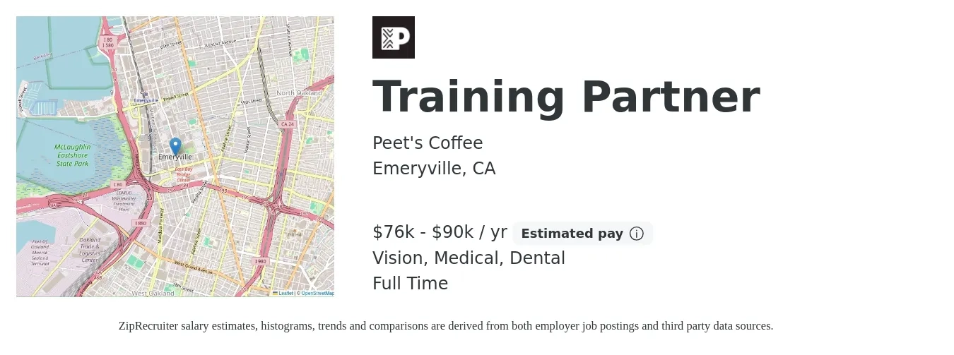 Peet's Coffee job posting for a Training Partner in Emeryville, CA with a salary of $76,000 to $90,000 Yearly and benefits including medical, pto, vision, and dental with a map of Emeryville location.