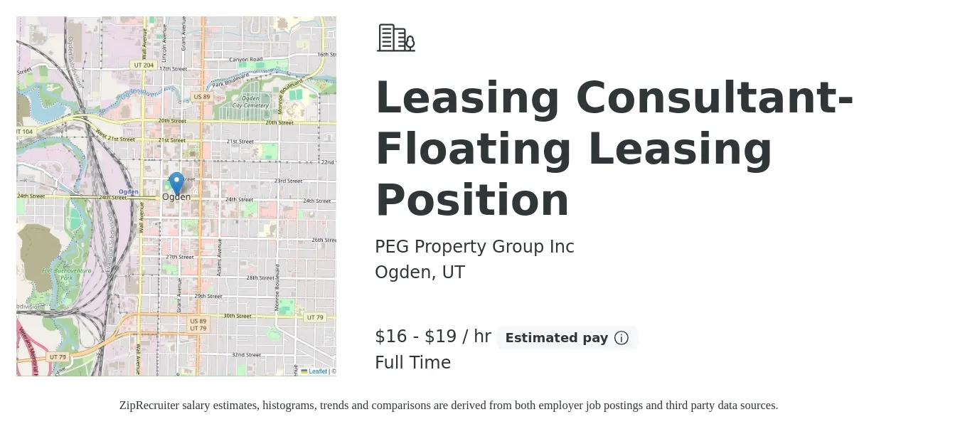 PEG Property Group Inc job posting for a Leasing Consultant- Floating Leasing Position in Ogden, UT with a salary of $17 to $20 Hourly with a map of Ogden location.