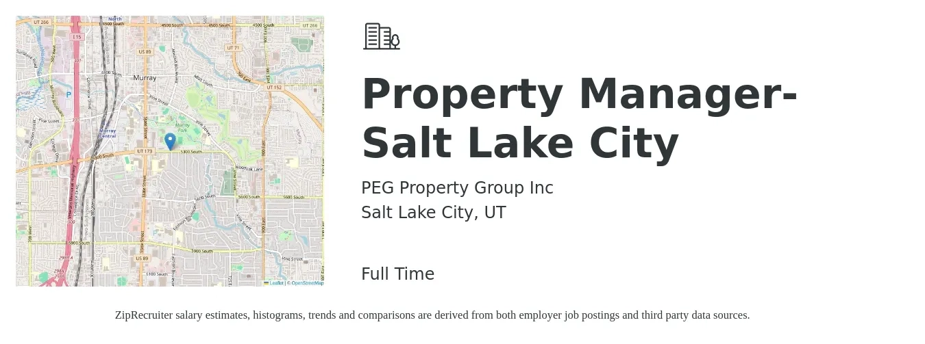 PEG Property Group Inc job posting for a Property Manager- Salt Lake City in Salt Lake City, UT with a salary of $40,400 to $62,500 Yearly with a map of Salt Lake City location.